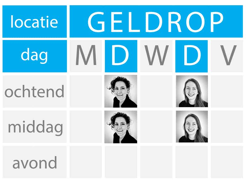 Week schema van alle osteopaten op praktijk locatie Geldrop.