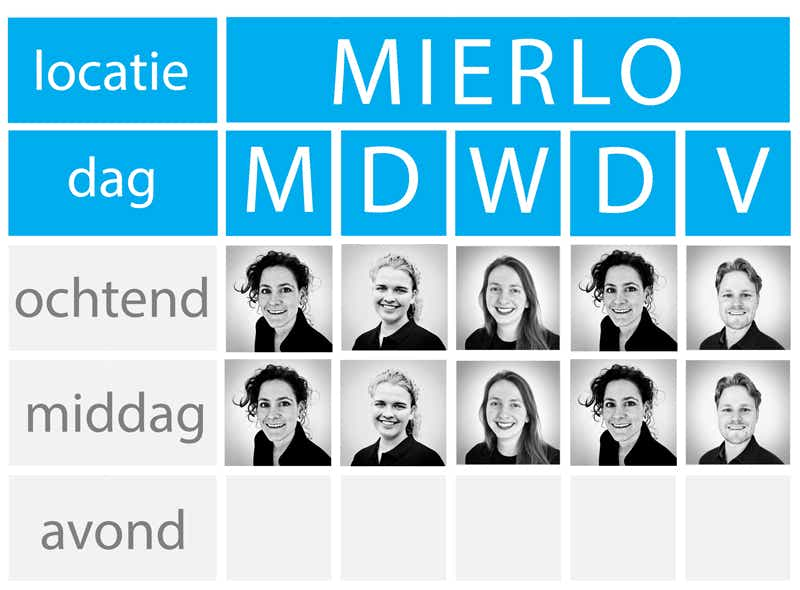 Week schema van alle osteopaten op praktijk locatie Mierlo.