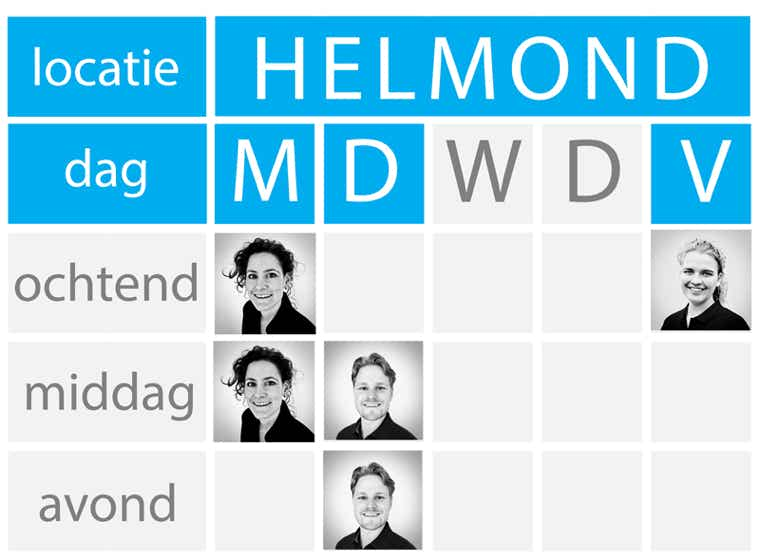 Week schema van alle osteopaten op praktijk locatie Helmond.